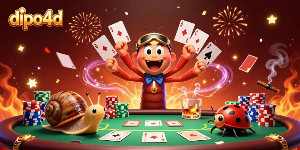 Engage in dipo4d poker action with a vibrant millipede dealer and high-roller snail amid colorful chip stacks.