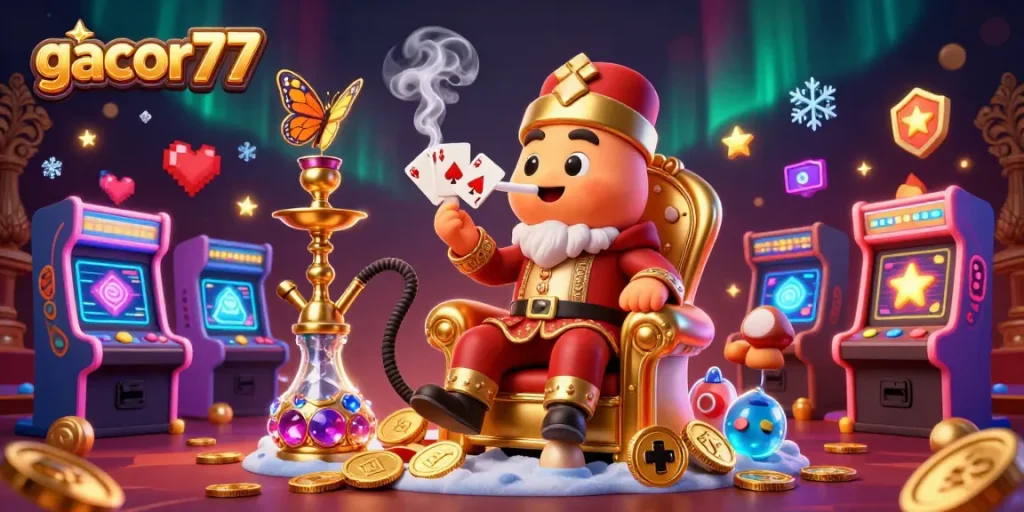 Mainkan gacor77 dengan karakter kasino yang menarik dan mesin slot penuh warna.