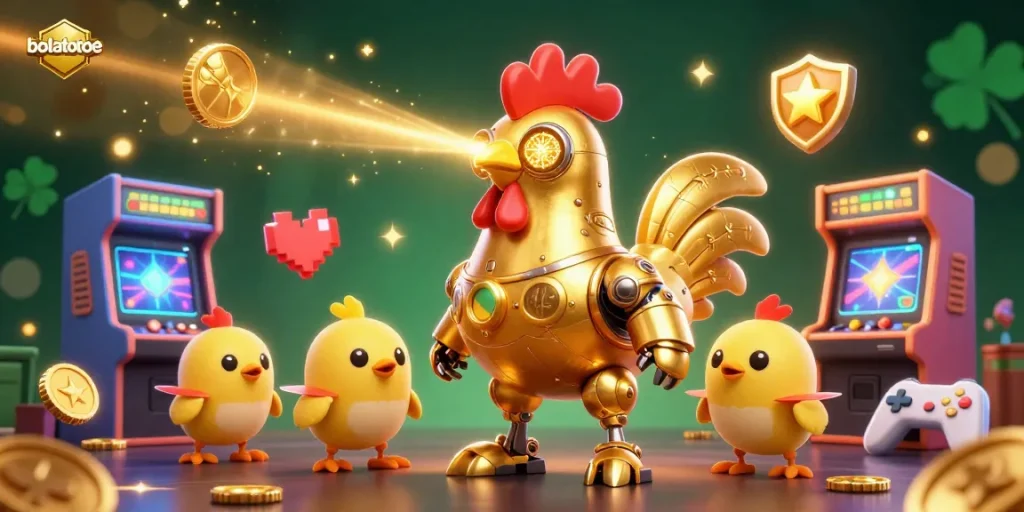 Experience bolatotoe's dynamic gaming scene with a golden rooster robot and vibrant arcade elements.