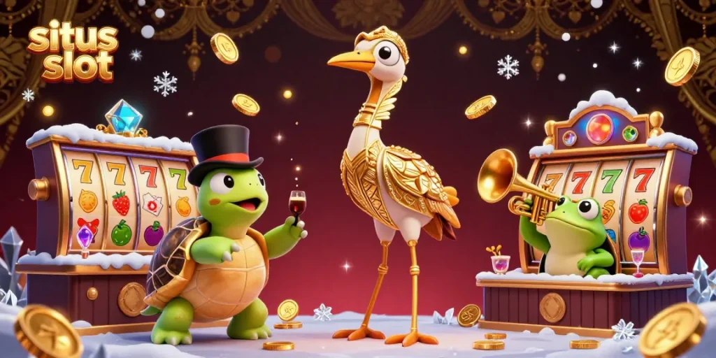Experience winning moments with situs slot through vibrant slot reels and animated characters in a lively casino.