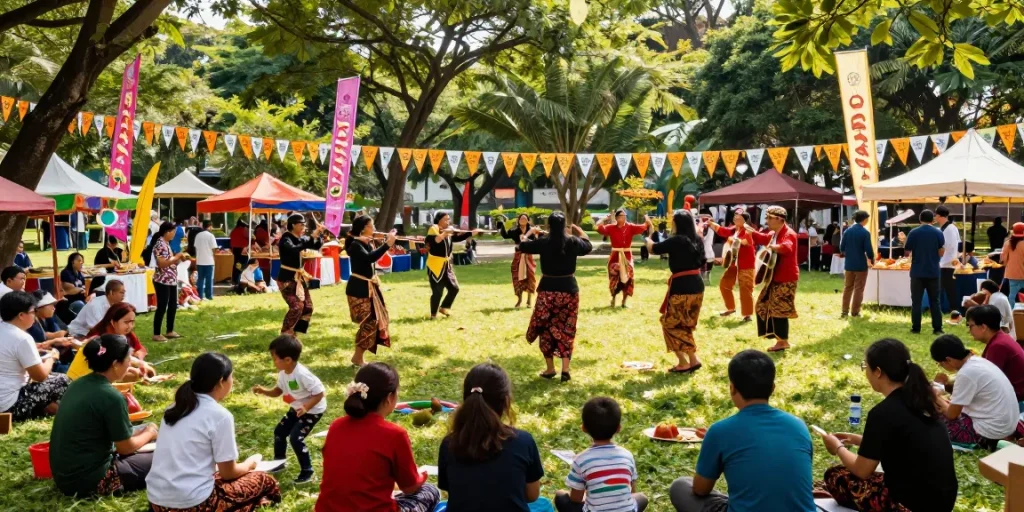 Acara komunitas Leci123 dengan festival budaya di taman lokal yang meriah