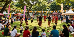 Acara komunitas Leci123 dengan festival budaya di taman lokal yang meriah
