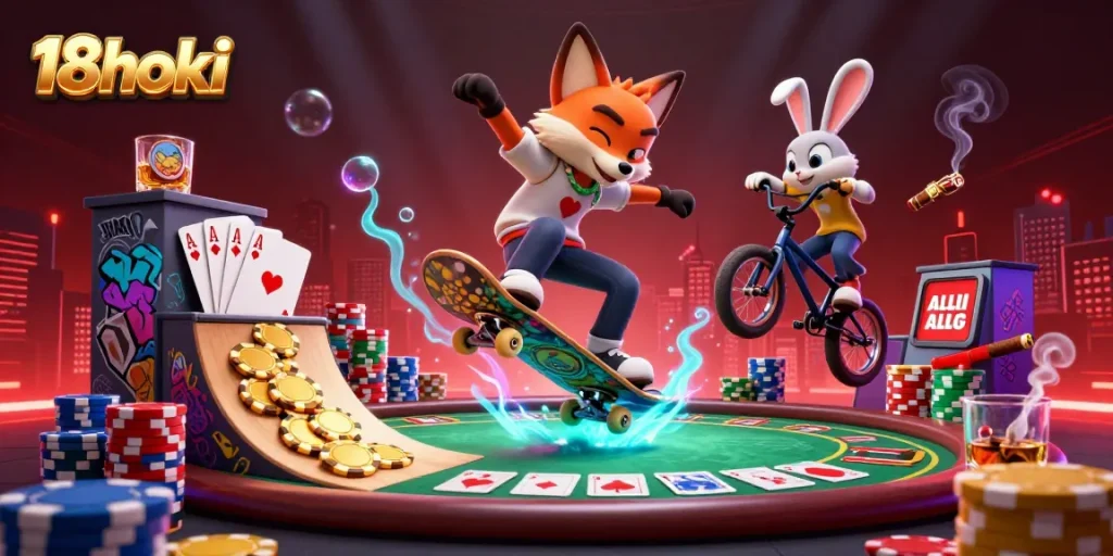 Experience thrilling gameplay at 18hoki with a vibrant illustration of a fox skateboarder and rabbit BMX rider.