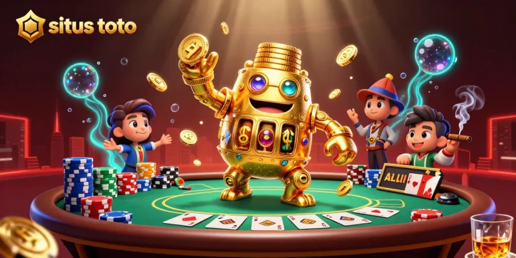 Kendalikan situs toto dengan mudah melalui ilustrasi 3D menarik yang menggambarkan golem emas dan permainan kartu.