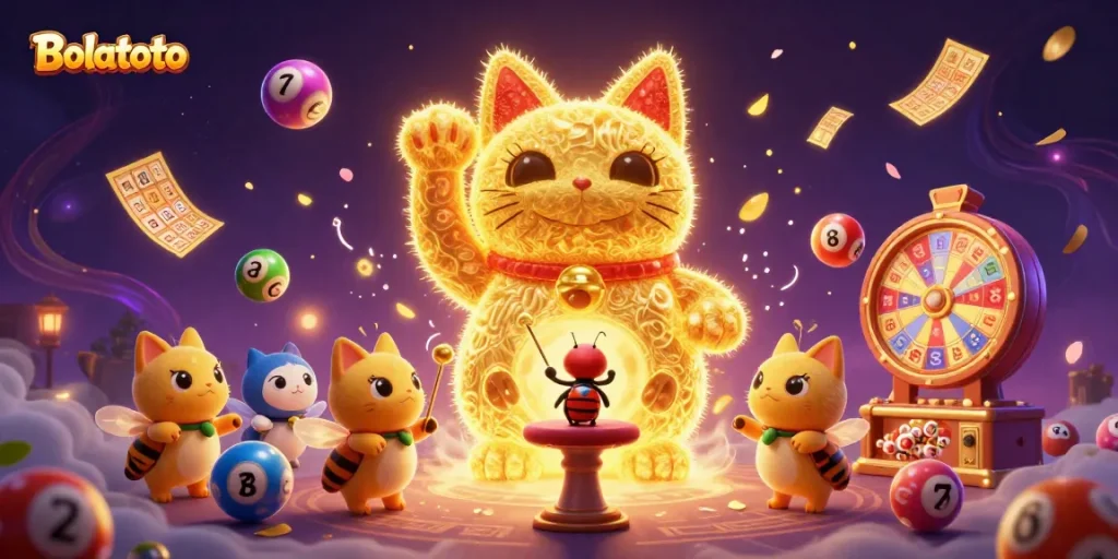 Participate in Bolatoto's vibrant lotteries with a lucky cat and colorful symbols.