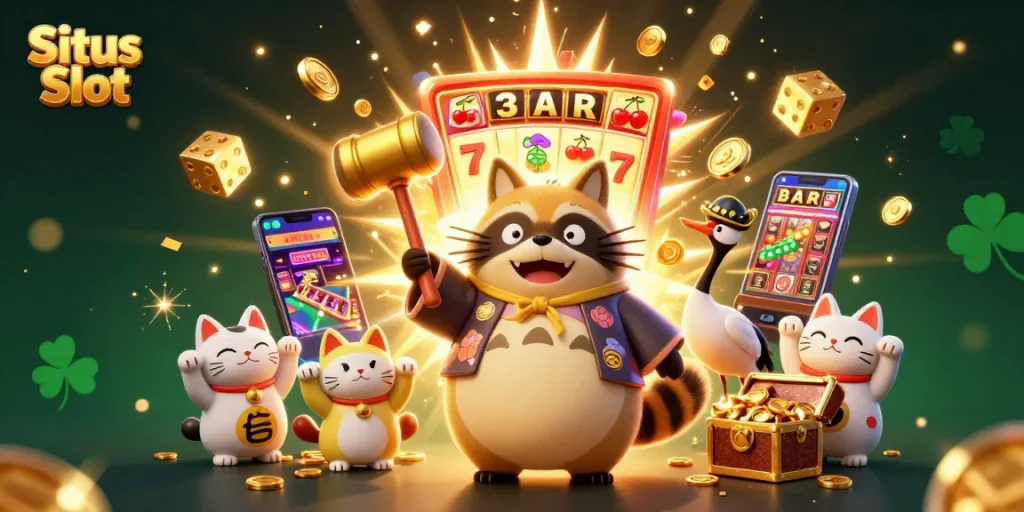 Situs Slot showcases a cheerful tanuki, samurai crane, and fortune cats amidst a jackpot celebration.