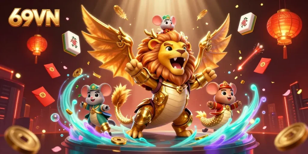 Engage in thrilling gameplay with 69VN’s enchanting 3D casino experience, showcasing a chimera triumphantly leading the fun.