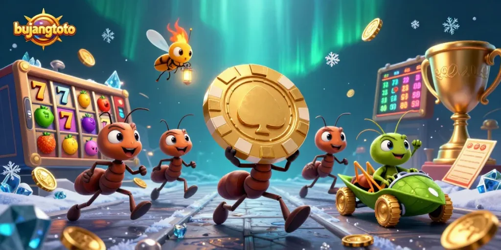 Menang taruhan di bujangtoto dengan ilustrasi karakter semut mencuri chip poker emas besar.