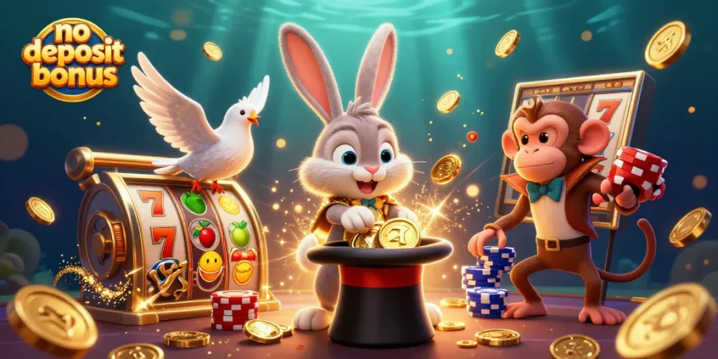 Win big with no deposit bonus illustrated by a magician rabbit, dove, and monkey in a vibrant casino scene.