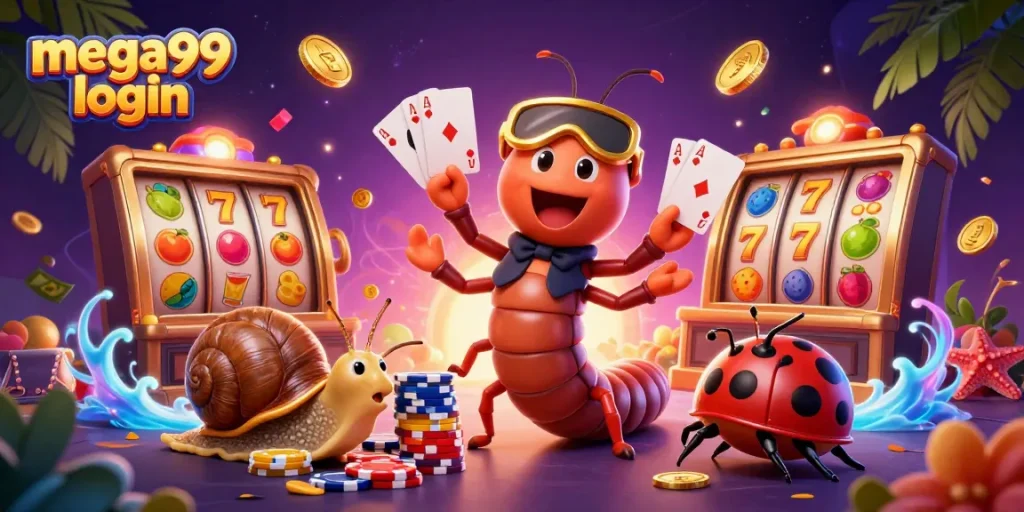 Experience mega99 login with vibrant slot excitement showcased in a lively casino illustration.