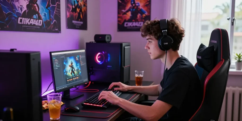 Engaged gamer using CIKA4D platform on a laptop, showcasing vibrant gaming setup.