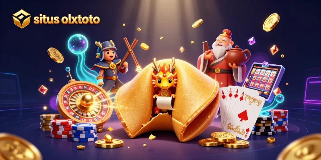situs olxtoto menampilkan ilustrasi kasino yang megah dengan koin emas dan harta berkilau.
