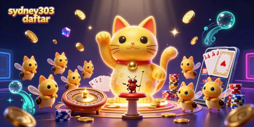 Gambarlah sydney303 daftar saat bermain dengan simbol kasino gemerlapan dan kucing keberuntungan berwarna emas.