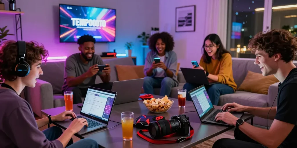 Engaged gamers enjoying the TEMPOTOTO platform in a lively setting.