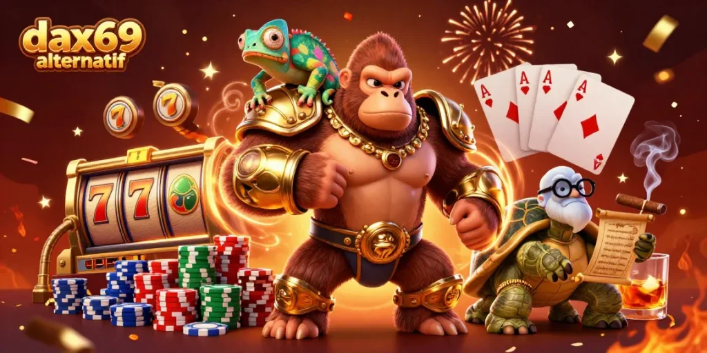 Menangkan jackpot dengan dax69 alternatif, tampilan menarik mesin slot dan karakter unik.
