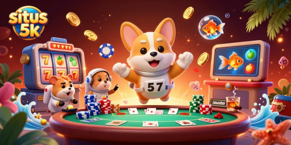 Situs 5k offers dynamic online gaming action with slot reels and vibrant poker elements.