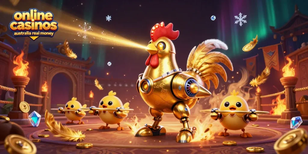 Engage with online casinos Australia real money featuring dynamic golden rooster robot and baby chick drones.