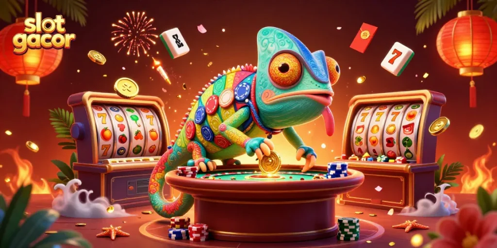 Memenangkan slot gacor dalam ilustrasi 3D kasino yang penuh warna dan dinamis.