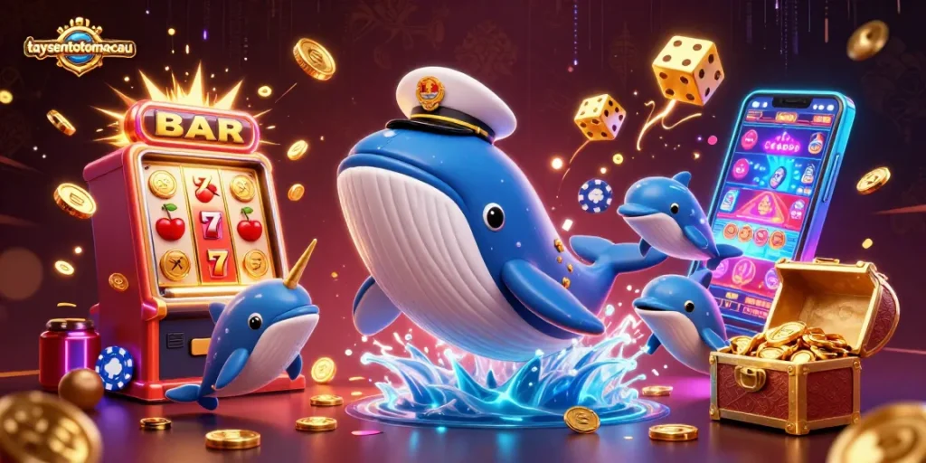 TAYSENTOTOMACAU menghadirkan kegembiraan dengan slot jackpot, ikan 3D, dan simbol kasino berkilau.