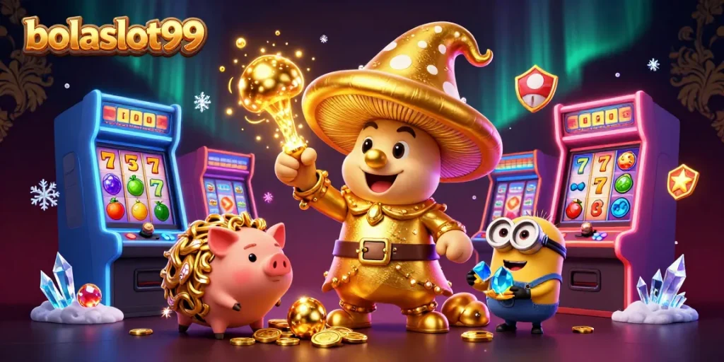 Bolaslot99 showcases a golden mushroom wizard and treasure-hunting pig in vibrant casino action.