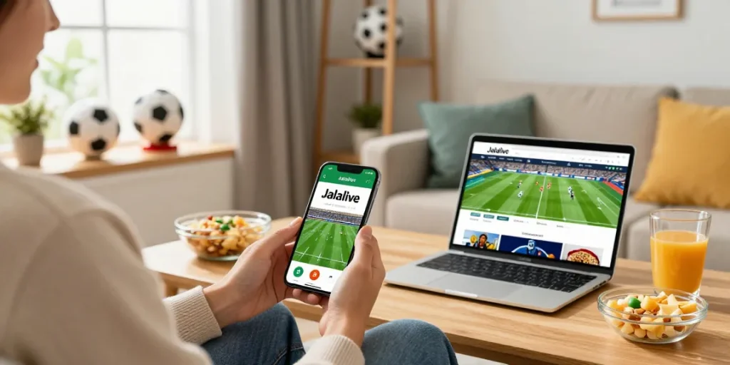 Pengguna Jalalive menikmati streaming sepak bola di ruang kerja yang nyaman.
