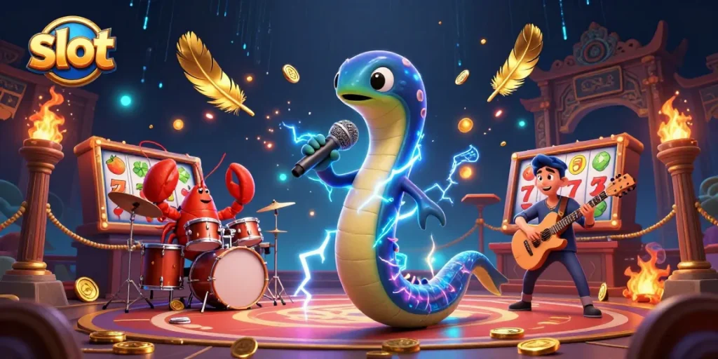 Merk slot menampilkan ikan belut DJ di panggung kasino bawah laut yang penuh warna.