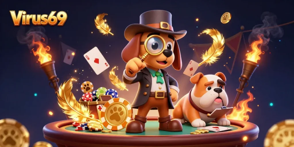 Engage with Virus69's unique poker adventure surrounded by golden chips and vibrant casino elements.