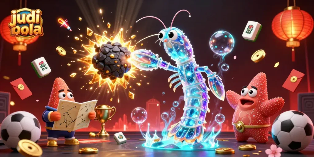 Catch thrilling judi bola action with a galactic samurai mantis shrimp amid vibrant gaming elements.