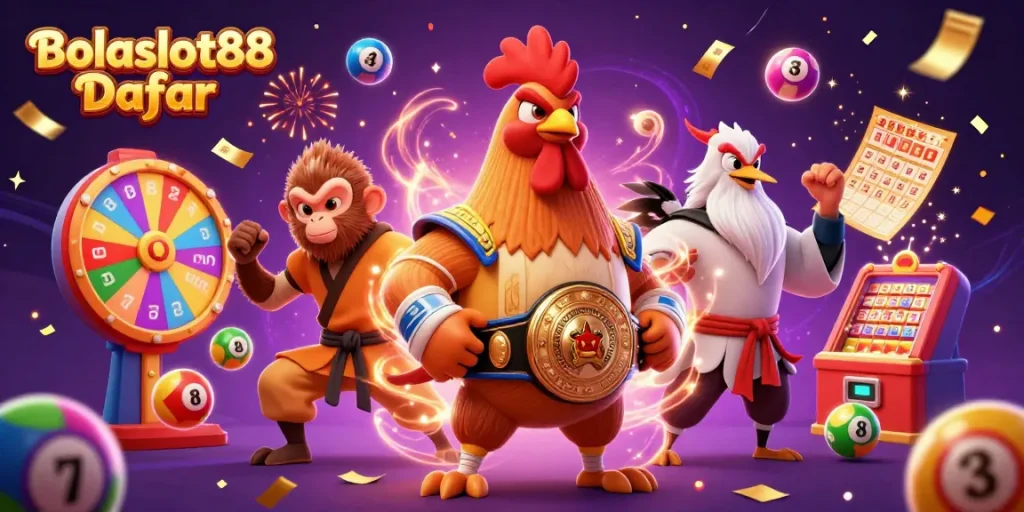 Bolaslot88 Daftar gaming illustration featuring dynamic lottery elements and vibrant characters.