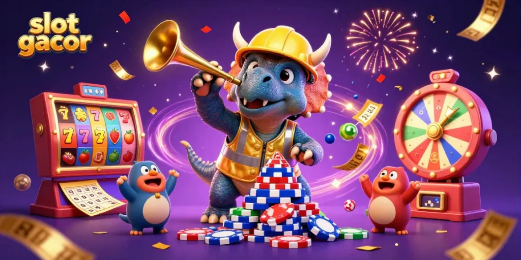 Slot gacor menampilkan triceratops membangun tumpukan chip poker dengan kegembiraan.
