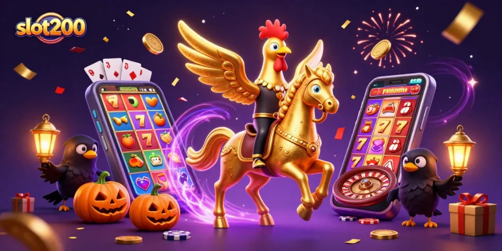 Permainan slot200 yang menakjubkan dengan jackpot dan koin emas yang bersinar di kasino malam hari.