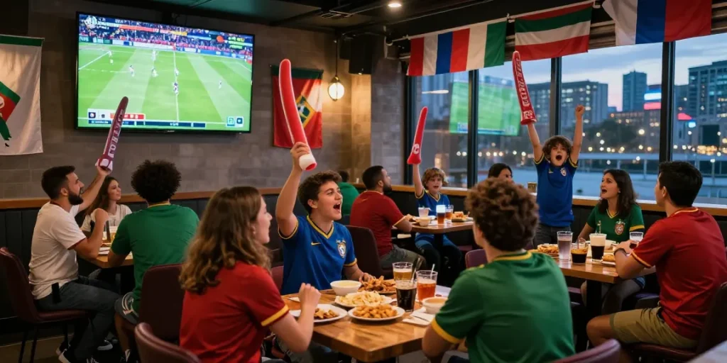 Suasana penonton merayakan tebak skor Piala Dunia 2026 dengan antusiasme tinggi di bar olahraga.