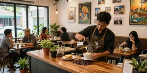Barista di Leci123 menyajikan kopi latte dengan seni latte yang indah di kafe lokal.