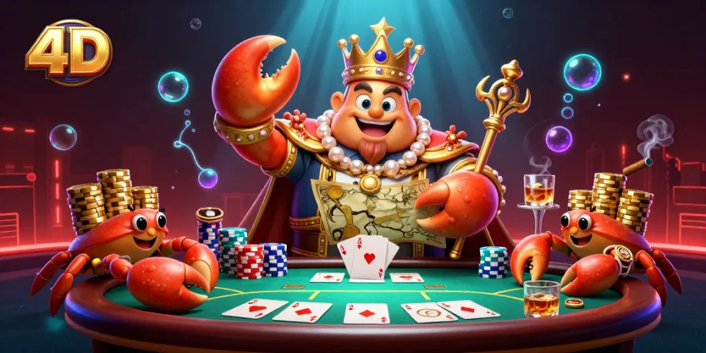 Engage with 4D casino gaming through a vibrant scene featuring a golden crab emperor and poker elements.