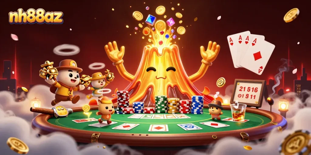 Experience the thrill of nh88az as treasure escapes from a golden volcano surrounded by rich poker elements.