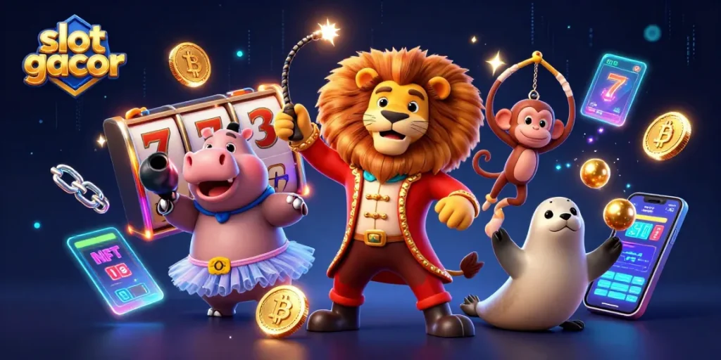Menangkan slot gacor dengan karakter sirkus dalam adegan ceria, penuh warna dan detail.