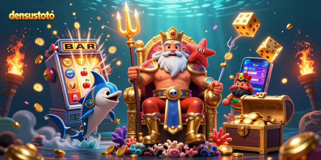 Bermain di densustoto dengan slot jackpot yang meluap dan simbol keberuntungan yang menari.