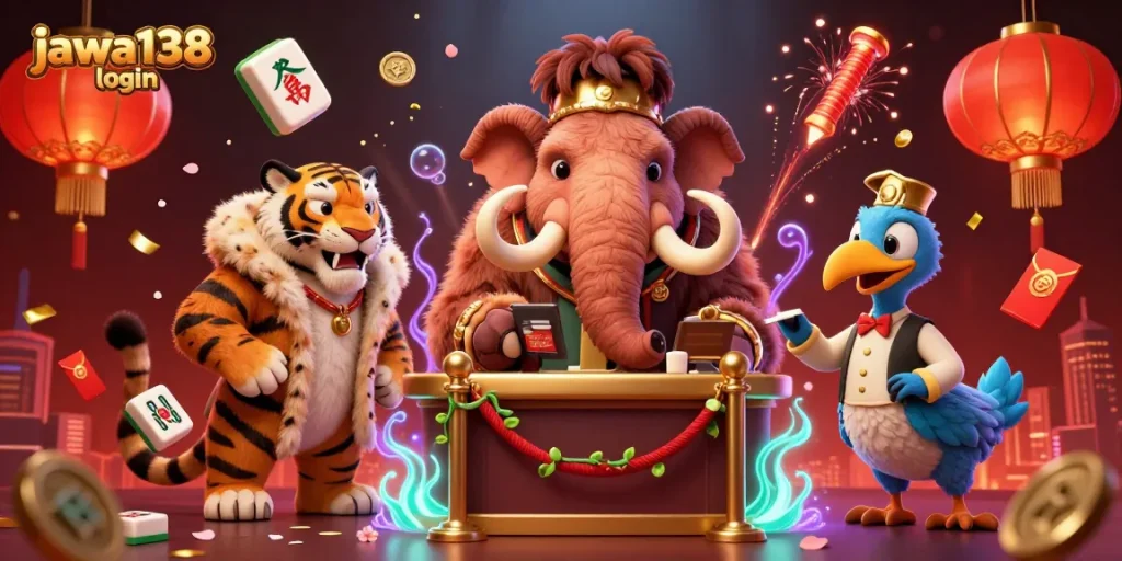 Experience gaming excitement at jawa138 login with a vibrant 3D illustration of casino characters and features.