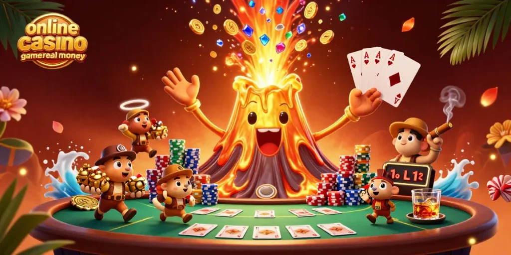Experience the thrill of online casino games for real money with vibrant 3D artwork featuring a whimsical volcano and poker scene.